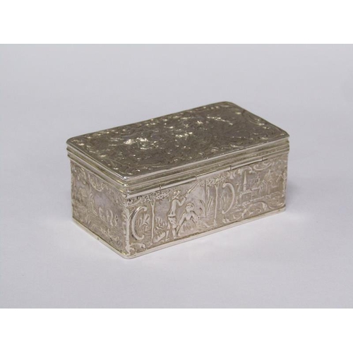 161 - A late Victorian snuff box, embossed with village scenes and the lid with the scene of two soldiers ... 