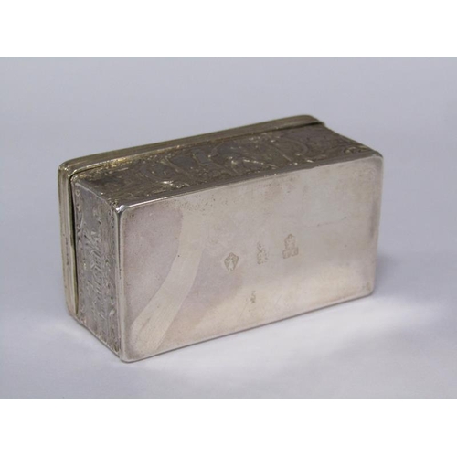 161 - A late Victorian snuff box, embossed with village scenes and the lid with the scene of two soldiers ... 