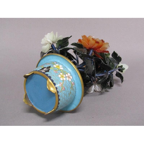 81 - A pair of Oriental stone and cloisonne peony trees, the leaves carved with Chinese jade, rose quartz... 