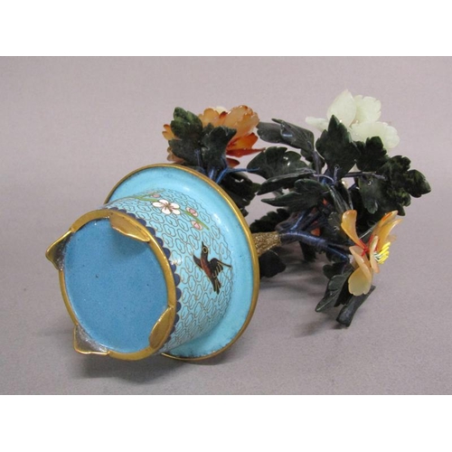 81 - A pair of Oriental stone and cloisonne peony trees, the leaves carved with Chinese jade, rose quartz... 