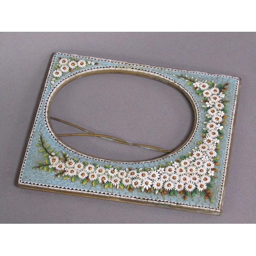 61 - An early 20c brass easel frame decorated with daisy and blue ground micro mosaic borders, 20cm w, 16... 