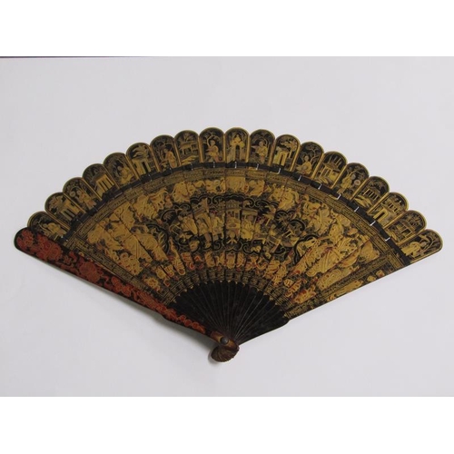 62 - A Japanese Meiji period tortoiseshell fan, chinoiserie decorated with figures, buildings and foliate... 
