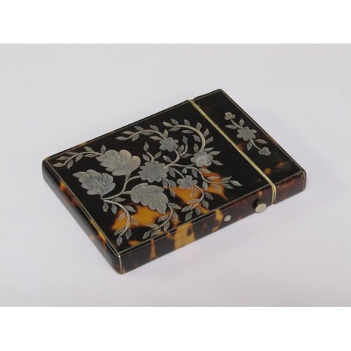 63 - A late 19c/early 20c tortoiseshell pearl inlaid card case, 10cm x 7.5cm.