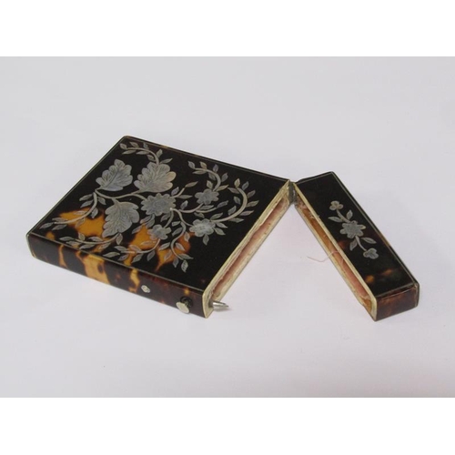 63 - A late 19c/early 20c tortoiseshell pearl inlaid card case, 10cm x 7.5cm.