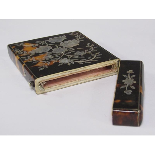 63 - A late 19c/early 20c tortoiseshell pearl inlaid card case, 10cm x 7.5cm.