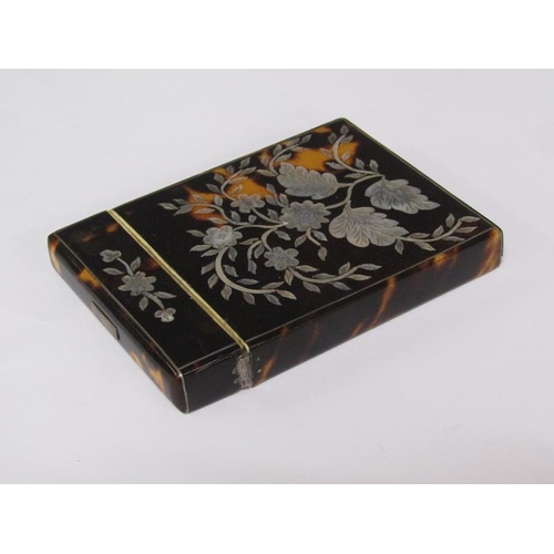 63 - A late 19c/early 20c tortoiseshell pearl inlaid card case, 10cm x 7.5cm.