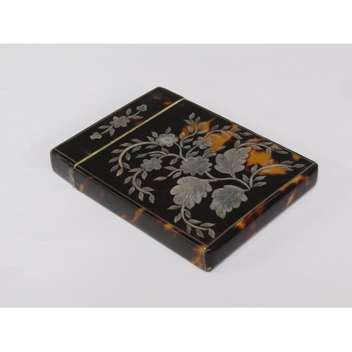 63 - A late 19c/early 20c tortoiseshell pearl inlaid card case, 10cm x 7.5cm.