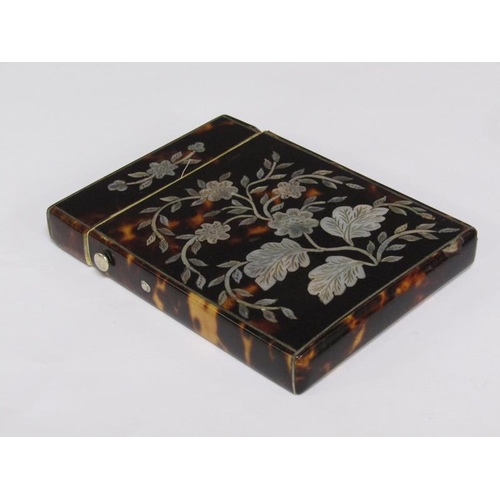 63 - A late 19c/early 20c tortoiseshell pearl inlaid card case, 10cm x 7.5cm.