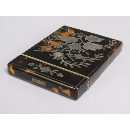 63 - A late 19c/early 20c tortoiseshell pearl inlaid card case, 10cm x 7.5cm.