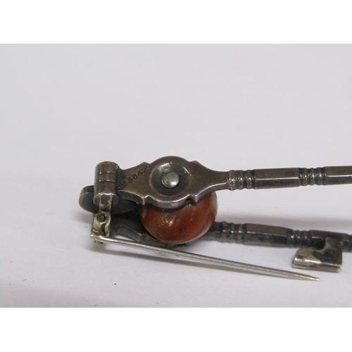 65 - A pair of Victorian miniature steel nut crack brooch, registration number for 1885, 4.5cm l.