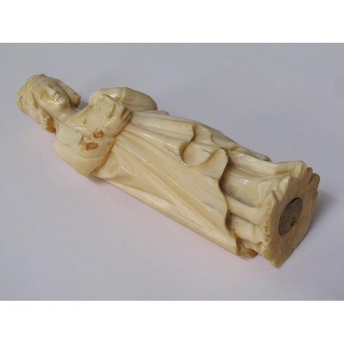 68 - A 19c European carved ivory figure of a standing female with crown, cloaked and holding a book in he... 