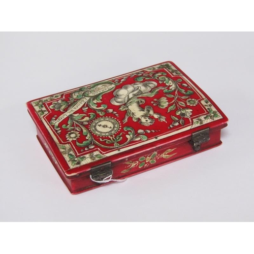 69 - A mid 18c French polychrome painted bone gaming counter box by Mariaval le Jeune, Rouen, containing ... 