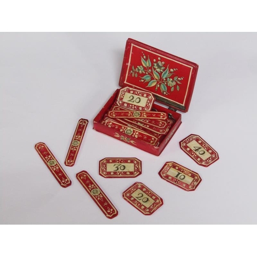 69 - A mid 18c French polychrome painted bone gaming counter box by Mariaval le Jeune, Rouen, containing ... 