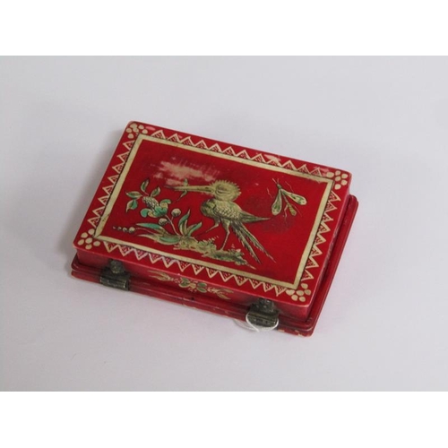 69 - A mid 18c French polychrome painted bone gaming counter box by Mariaval le Jeune, Rouen, containing ... 