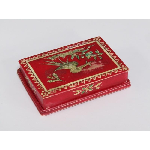 69 - A mid 18c French polychrome painted bone gaming counter box by Mariaval le Jeune, Rouen, containing ... 