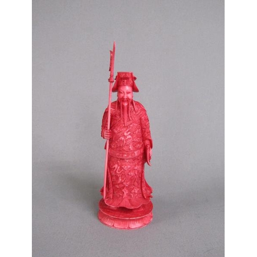 74 - Two Cantonese carved ivory chess pieces, one white, the other stained red, 13cm & 15cm h.