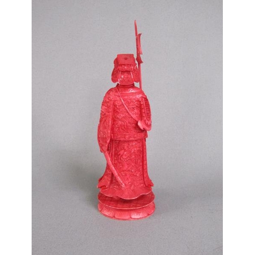 74 - Two Cantonese carved ivory chess pieces, one white, the other stained red, 13cm & 15cm h.