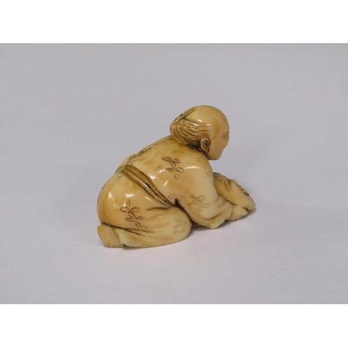 76 - A Japanese Meiji period carved ivory netsuke depicting a mask maker, 4cm w, base signed.
