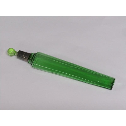 78 - An Art Deco green glass scent bottle with a silver collar and stopper, the collar London 1921, 23cm ... 