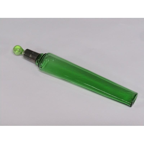 78 - An Art Deco green glass scent bottle with a silver collar and stopper, the collar London 1921, 23cm ... 