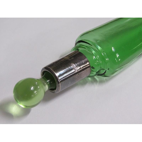 78 - An Art Deco green glass scent bottle with a silver collar and stopper, the collar London 1921, 23cm ... 