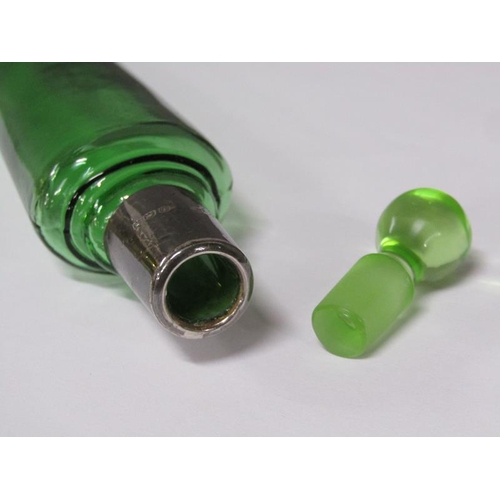 78 - An Art Deco green glass scent bottle with a silver collar and stopper, the collar London 1921, 23cm ... 