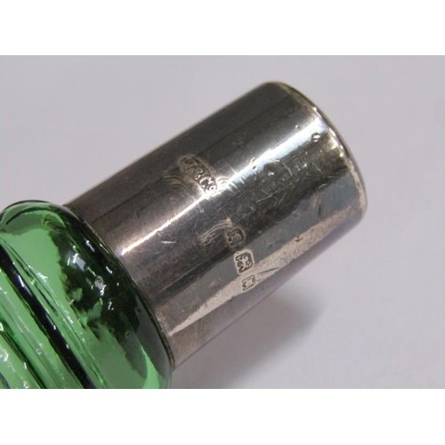 78 - An Art Deco green glass scent bottle with a silver collar and stopper, the collar London 1921, 23cm ... 