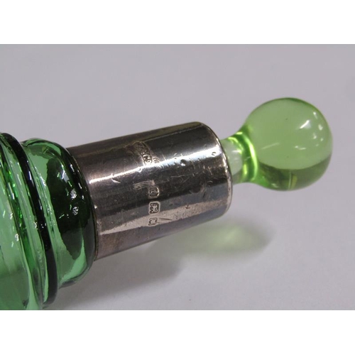 78 - An Art Deco green glass scent bottle with a silver collar and stopper, the collar London 1921, 23cm ... 