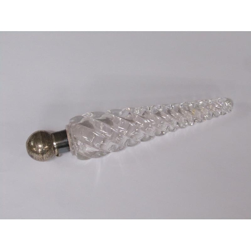 80 - A Victorian clear glass writhen moulded tapering scent bottle with silver collar and hinge dome cove... 