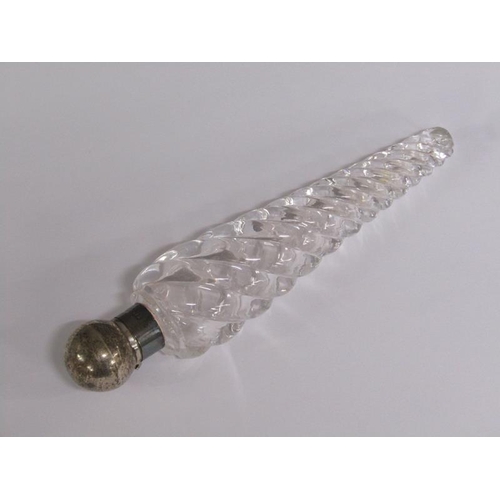 80 - A Victorian clear glass writhen moulded tapering scent bottle with silver collar and hinge dome cove... 