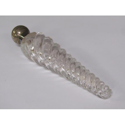 80 - A Victorian clear glass writhen moulded tapering scent bottle with silver collar and hinge dome cove... 