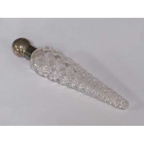 80 - A Victorian clear glass writhen moulded tapering scent bottle with silver collar and hinge dome cove... 