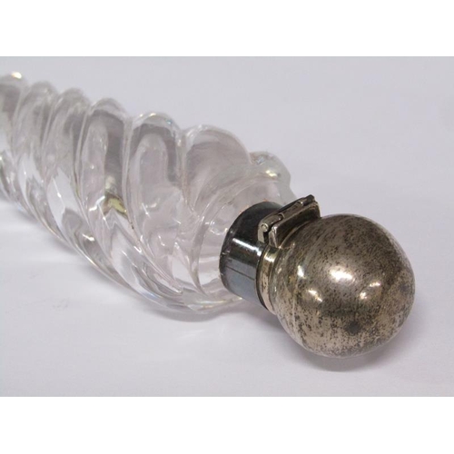80 - A Victorian clear glass writhen moulded tapering scent bottle with silver collar and hinge dome cove... 
