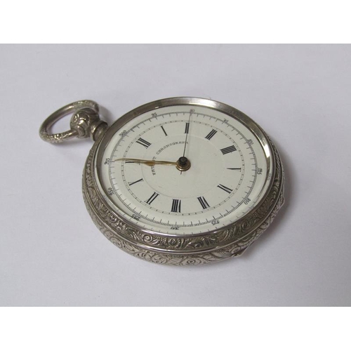 96 - A late 19c key wind chronograph pocket watch, the three quarter plate movement having a cylinder esc... 