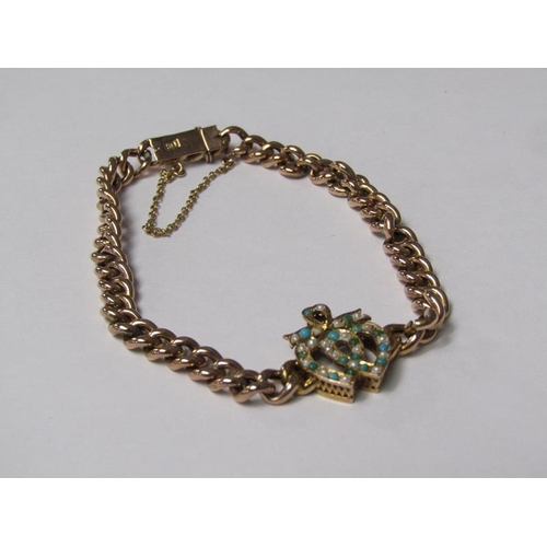 150 - An Edwardian 9ct gold turquoise and pearl set sweetheart bracelet, 7.6g.