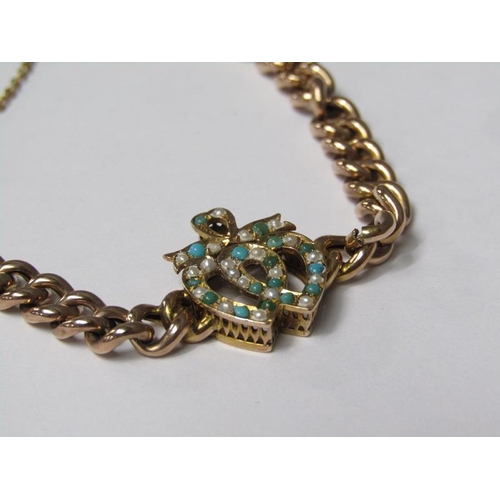 150 - An Edwardian 9ct gold turquoise and pearl set sweetheart bracelet, 7.6g.