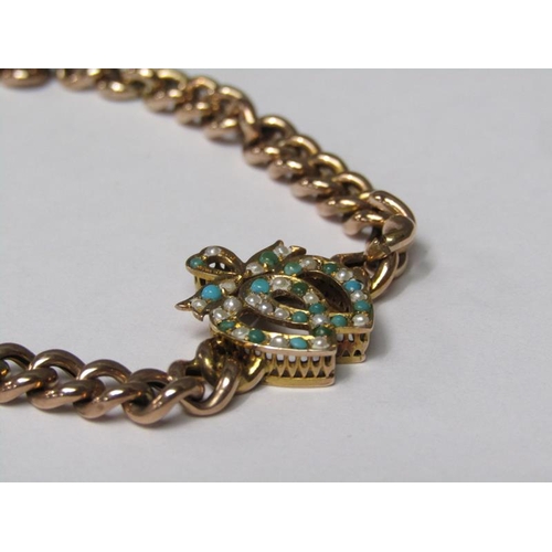 150 - An Edwardian 9ct gold turquoise and pearl set sweetheart bracelet, 7.6g.
