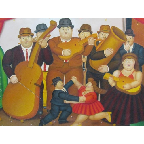 1102 - CHANDO SAENZ, TWO FIGURES DANCING ACCOMPANIED BY STREET ORCHESTRA, OIL ON CANVAS.  SIGNED FRAMED 79 ... 