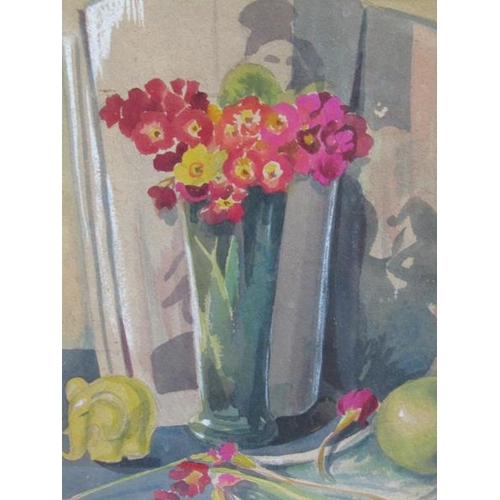 1106 - TWO WATERCOLOURS, POTS OF SPRING FLOWERS.  UNSIGNED F/G 29 x 23 cms