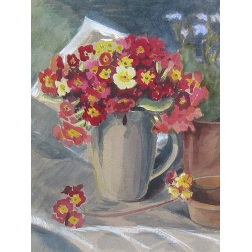 1106 - TWO WATERCOLOURS, POTS OF SPRING FLOWERS.  UNSIGNED F/G 29 x 23 cms