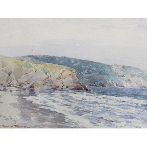 1113 - WARNE BROWNE, COASTAL SCENE SIGNED WATERCOLOUR.  F/G 17 x 34 cms