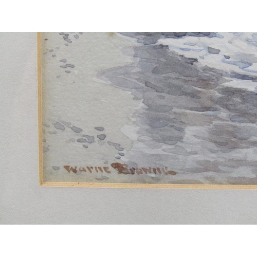 1113 - WARNE BROWNE, COASTAL SCENE SIGNED WATERCOLOUR.  F/G 17 x 34 cms