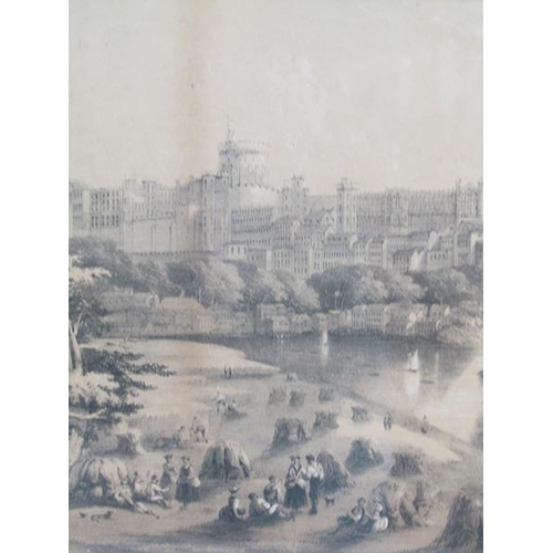 1125 - BLACK AND WHITE ENGRAVING EARLY 19c WINDSOR CASTLE AND RIVER THAMES AT HARVEST TIME F/G 26 x 22 cms