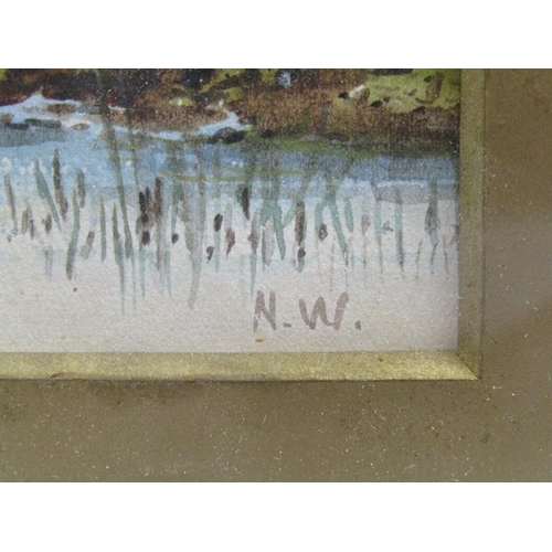 1126 - MONO NW, A RIVERSCAPE WATERCOLOUR, SIGNED IN MONO F/G 7 x 18 cms