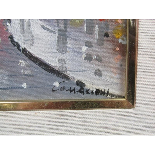 1127 - SIGNED INDISTINCTLY, PARISIAN STREET SCENE OIL ON CANVAS F/G 23 x 17 cms