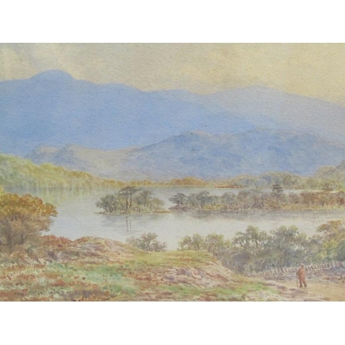 1129 - W T LANGMIRE 1876 RYDAL LAKE, SIGNED AND TITLE F/G WATERCOLOUR 25 x 40 cms