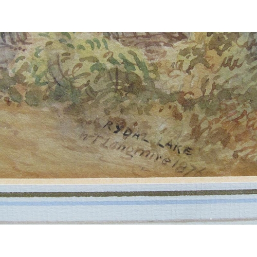 1129 - W T LANGMIRE 1876 RYDAL LAKE, SIGNED AND TITLE F/G WATERCOLOUR 25 x 40 cms