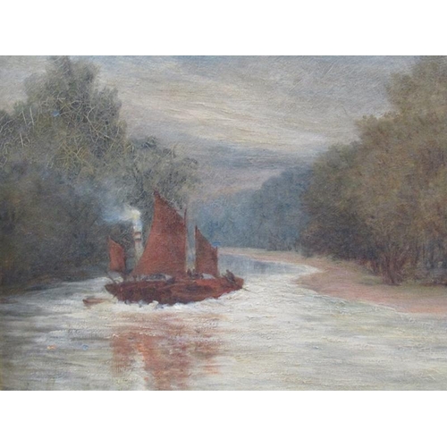 1132 - RICHARD ELMORE 1885 BARGES BEING TOWED NEAR TWICKENHAM, SIGNED OIL ON CANVAS 27 x 36 cms