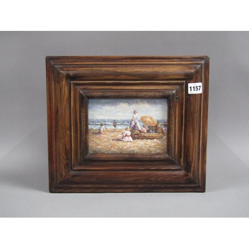 1157 - LATE VICTORIAN BEACH SCENE, OIL ON BOARD, FRAMED, 12CM X 17CM