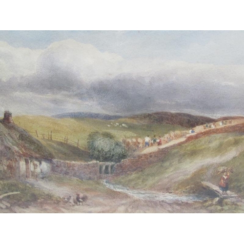 1166 - UNSIGNED 19C HARVEST TIME IN THE SCOTTISH BORDERS, WATERCOLOUR, F/G, 20CM X 29CM